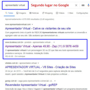 Otimização de site segundo lugar no Google